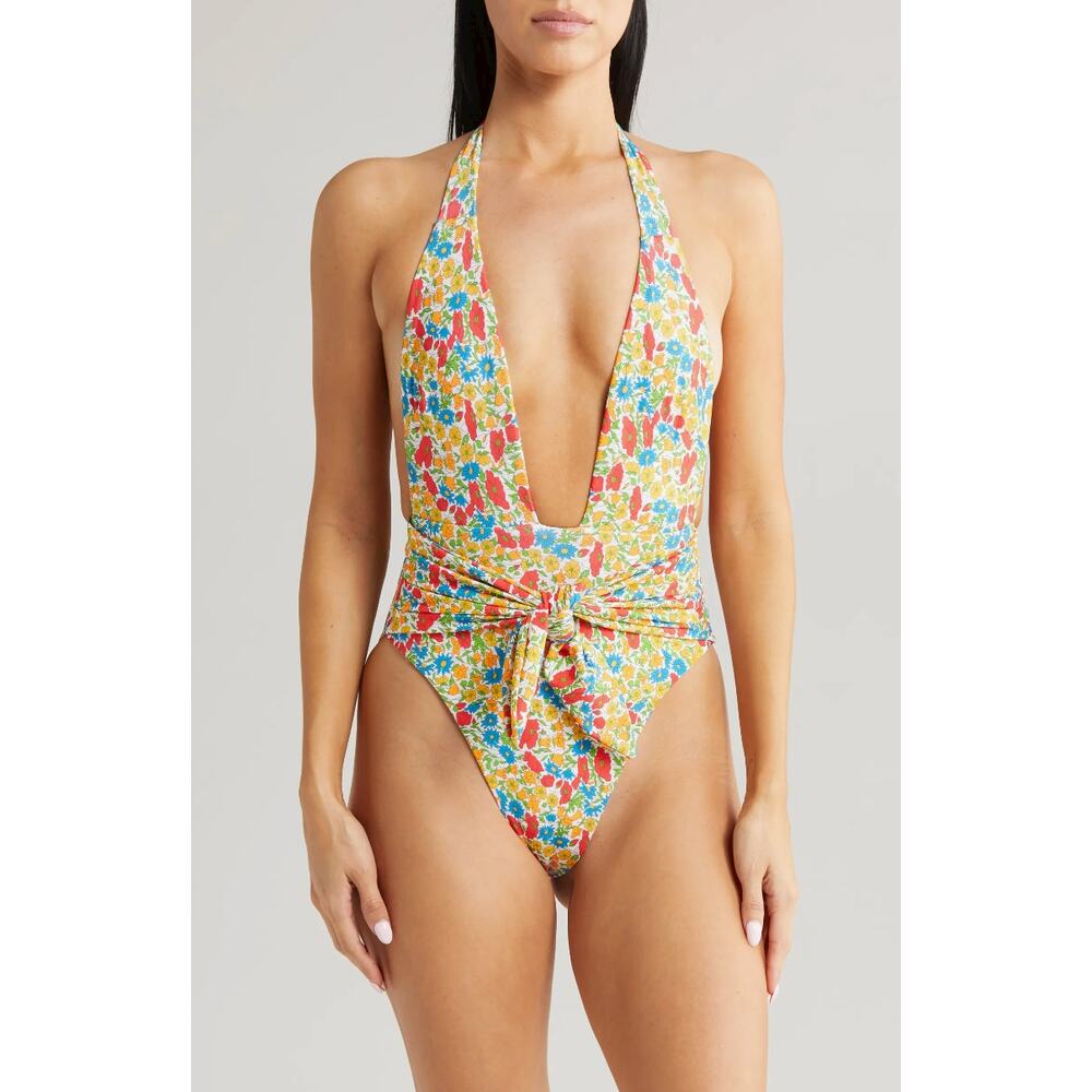 Montce Floral Halter One-Piece Swimsuit in Yellow, Red & Blue